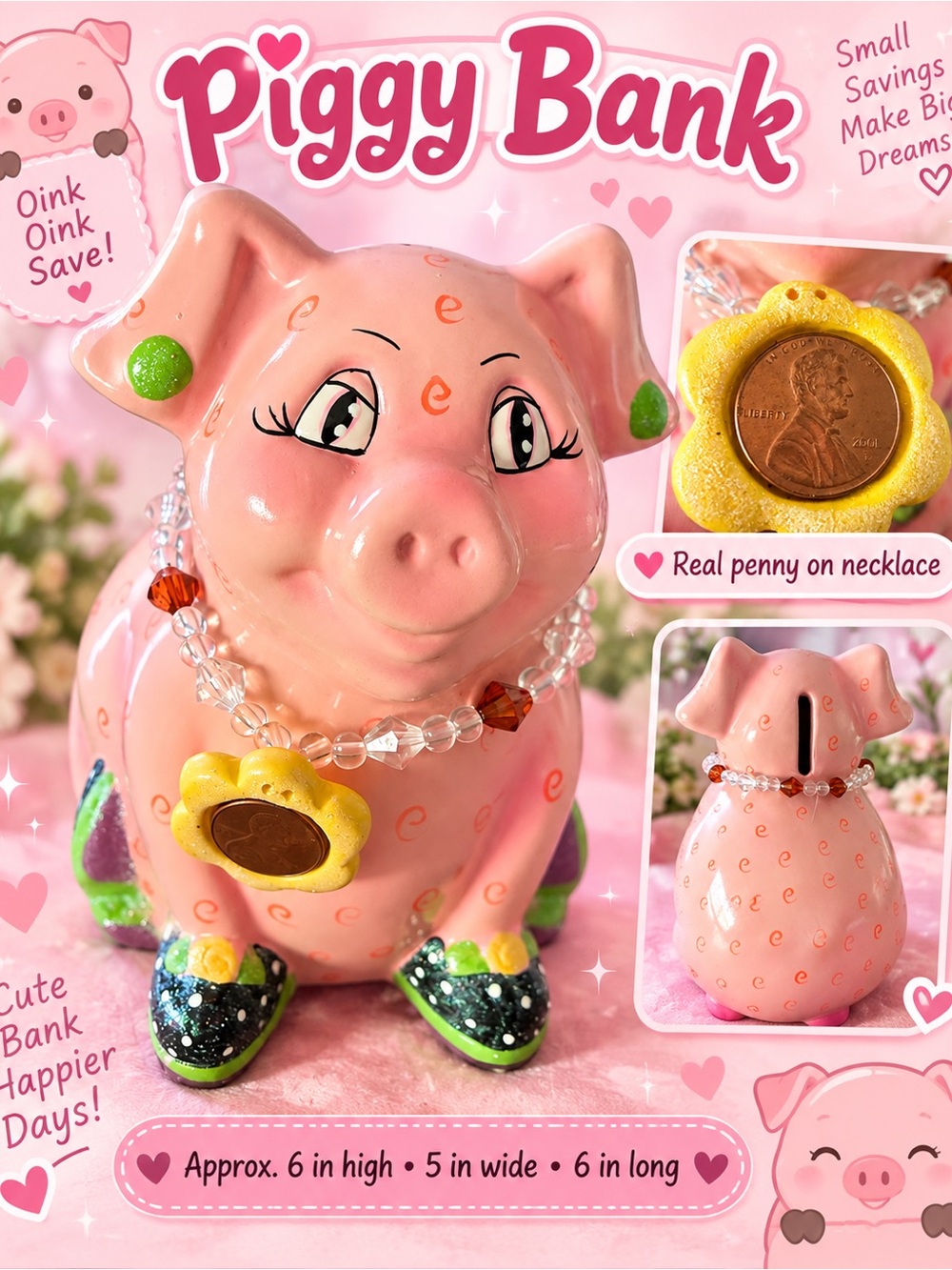 Piggy Bank Pink Ceramic Pig Money Jar with Penny Necklace